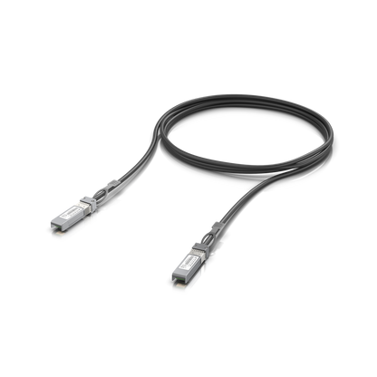 Outer housing of the Ubiquiti UACC-DAC-SFP10 UniFi 10G Direct Attach Cable seen in a three-quarter view.
