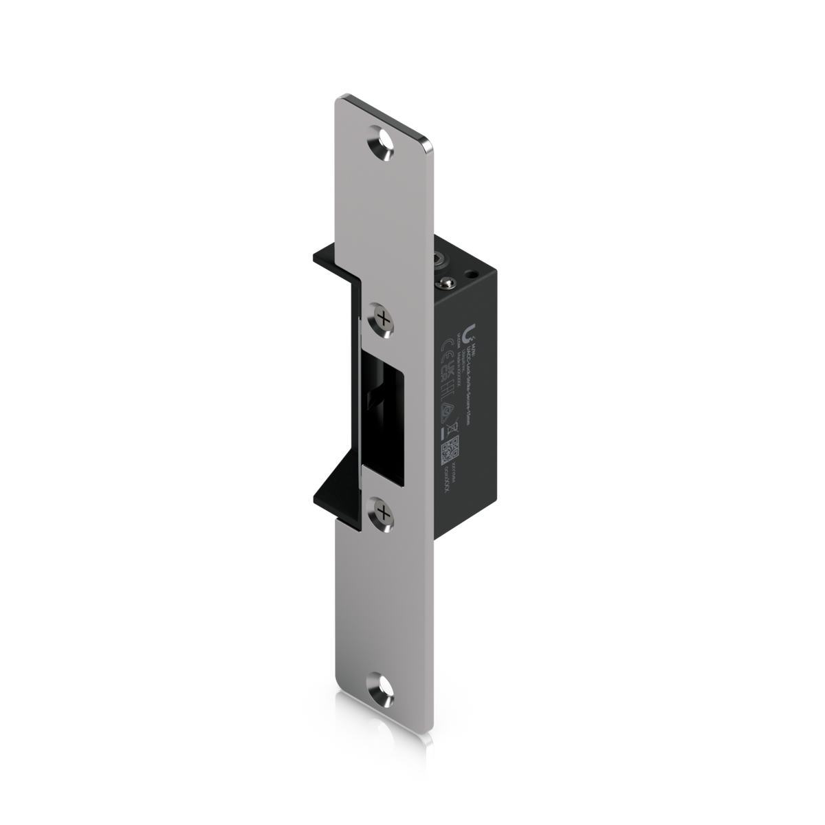 Ubiquiti UACC-Lock-Strike-Secure-15mm UniFi Standard Fail-Secure Strike Lock opposite three-quarter view with faceplate, strike opening, fixing screws and housing label.