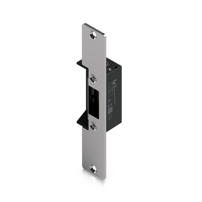 Ubiquiti UACC-Lock-Strike-Secure-15mm UniFi Standard Fail-Secure Strike Lock opposite three-quarter view with faceplate, strike opening, fixing screws and housing label.