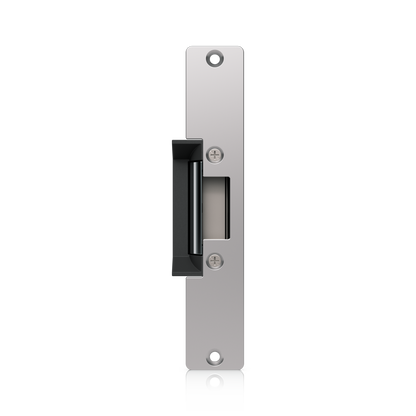 Ubiquiti UACC-Lock-Strike-Secure-15mm UniFi Standard Fail-Secure Strike Lock full front view with keeper, fixing screws and end mounting holes.