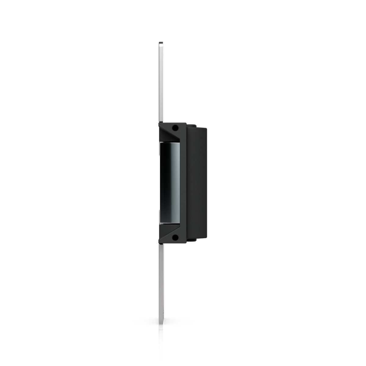 Ubiquiti UACC-Lock-Strike-Secure-15mm UniFi Standard Fail-Secure Strike Lock narrow side profile showing the slim faceplate, housing depth and internal keeper.