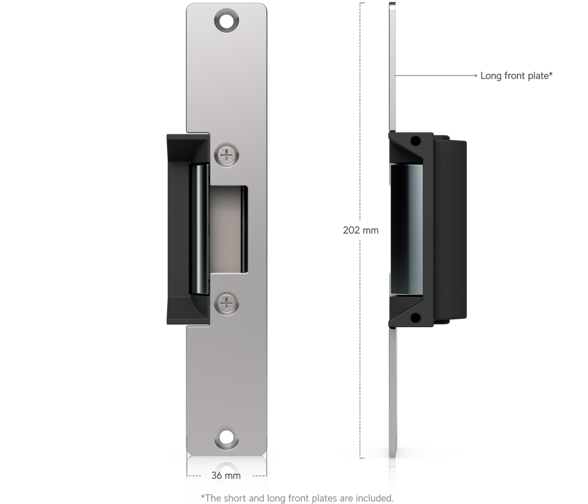 Ubiquiti UACC-Lock-Strike-Secure-15mm UniFi Standard Fail-Secure Strike Lock specification diagram showing front and side views of the included 202mm long front plate.