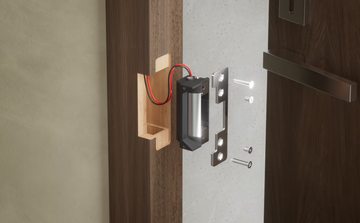 Ubiquiti UACC-Lock-Strike-Secure-15mm UniFi Standard Fail-Secure Strike Lock exploded installation view with wiring, short front plate and screws for a timber door frame.