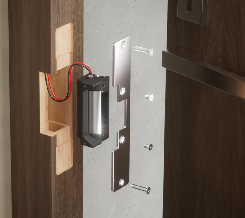 Ubiquiti UACC-Lock-Strike-Secure-15mm UniFi Standard Fail-Secure Strike Lock exploded installation view with wiring, long front plate and mounting screws for a timber door frame.