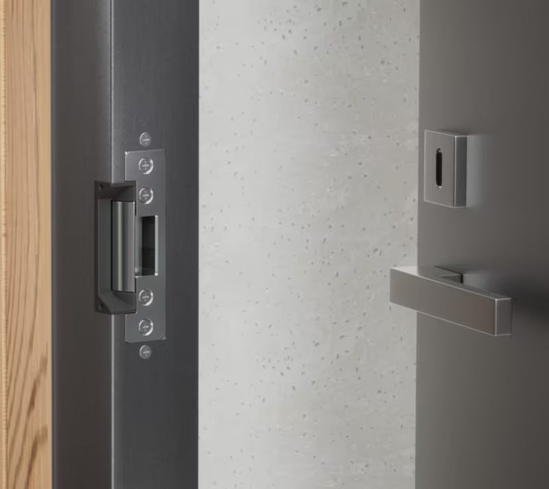 Ubiquiti UACC-Lock-Strike-Secure-15mm UniFi Standard Fail-Secure Strike Lock installed with the short front plate in a dark metal door frame.