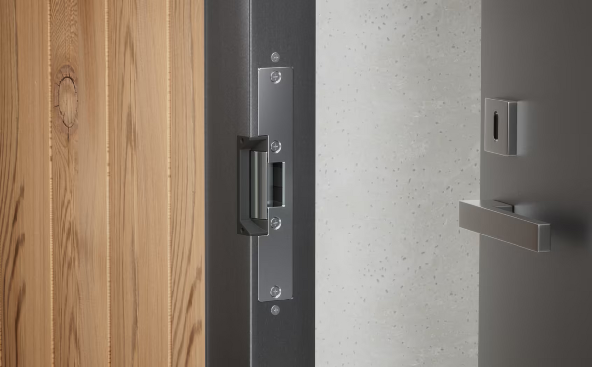 Ubiquiti UACC-Lock-Strike-Secure-15mm UniFi Standard Fail-Secure Strike Lock installed with the long front plate in a dark metal door frame.