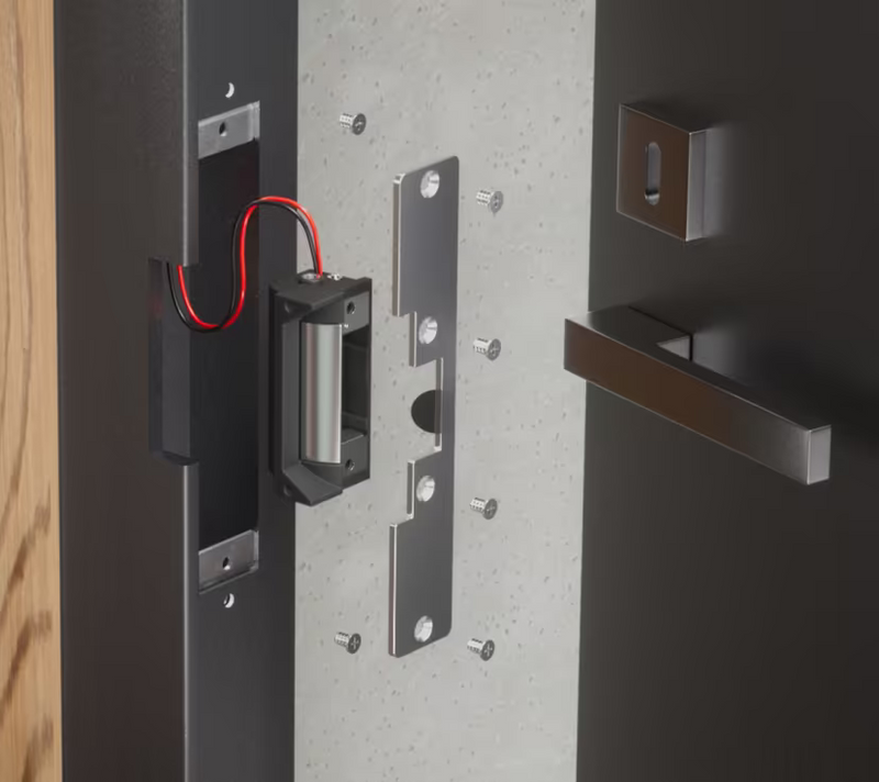 Ubiquiti UACC-Lock-Strike-Secure-15mm UniFi Standard Fail-Secure Strike Lock exploded installation view with wiring, long front plate, mounting brackets and screws for a metal door frame.