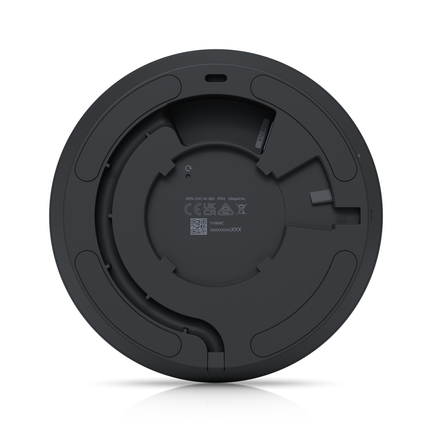 Back plate view of the Ubiquiti UVC-AI-360 UniFi AI 360 Camera in Black with markings