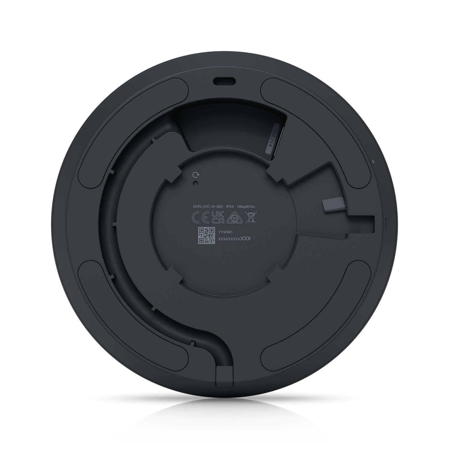 Back plate view of the Ubiquiti UVC-AI-360 UniFi AI 360 Camera in Black with markings