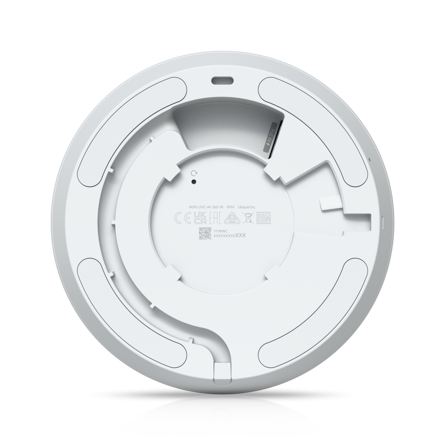 Back plate view of the Ubiquiti UVC-AI-360 UniFi AI 360 Camera in White with markings