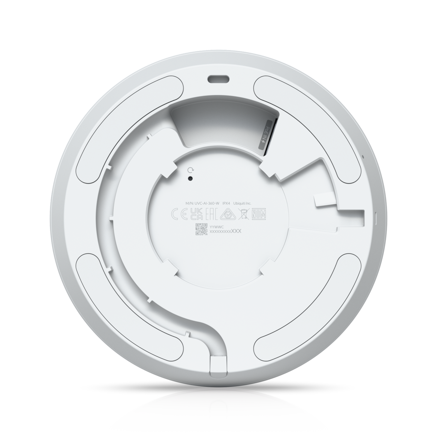 Back plate view of the Ubiquiti UVC-AI-360 UniFi AI 360 Camera in White with markings