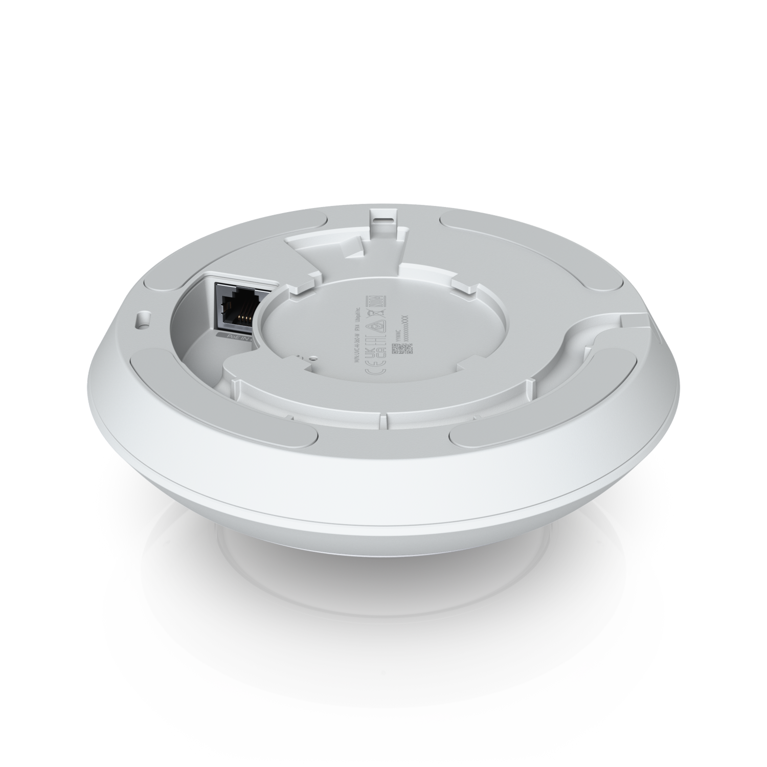 Angled bottom view of the Ubiquiti UVC-AI-360 UniFi AI 360 Camera in White