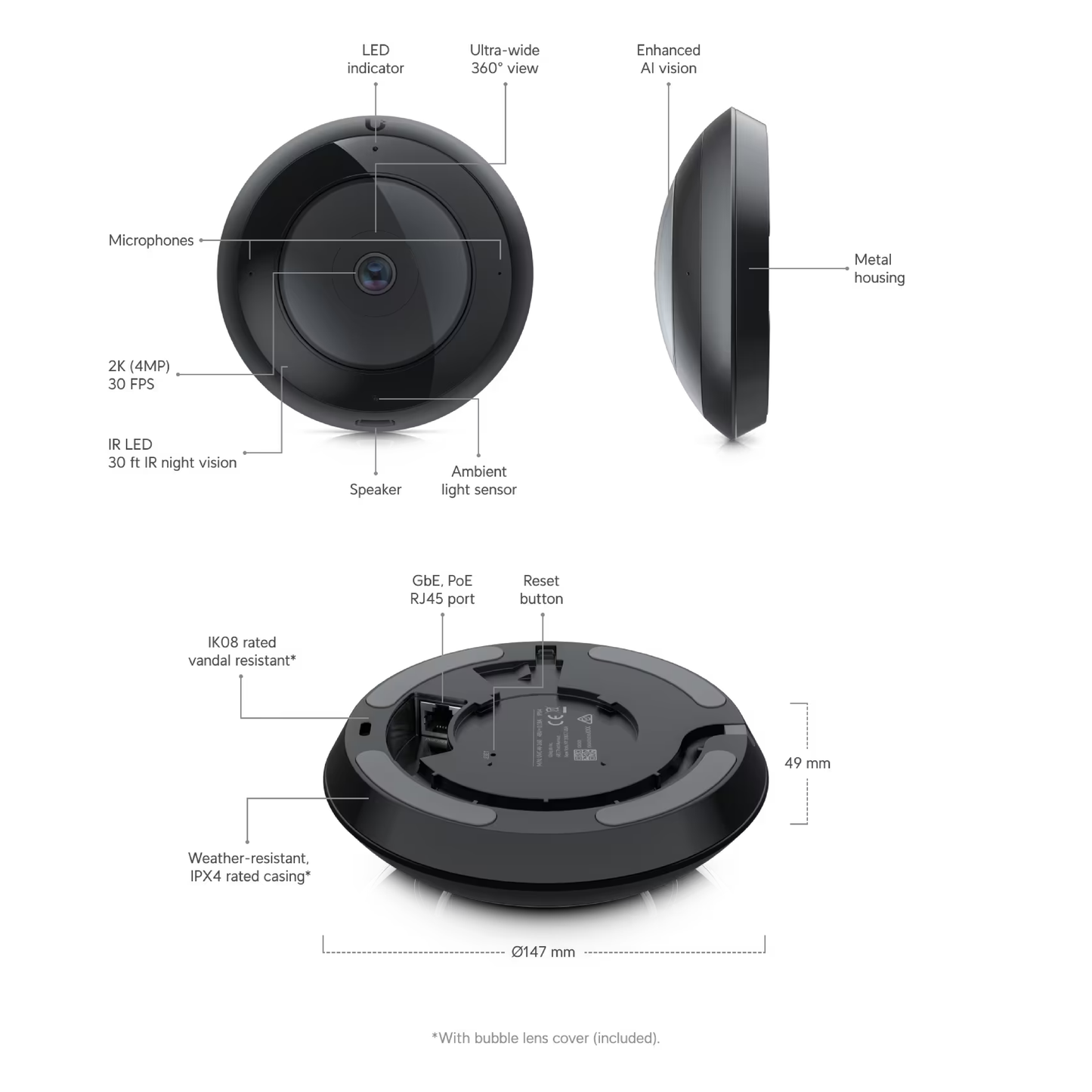 Build features of the Ubiquiti UVC-AI-360 UniFi AI 360 Camera