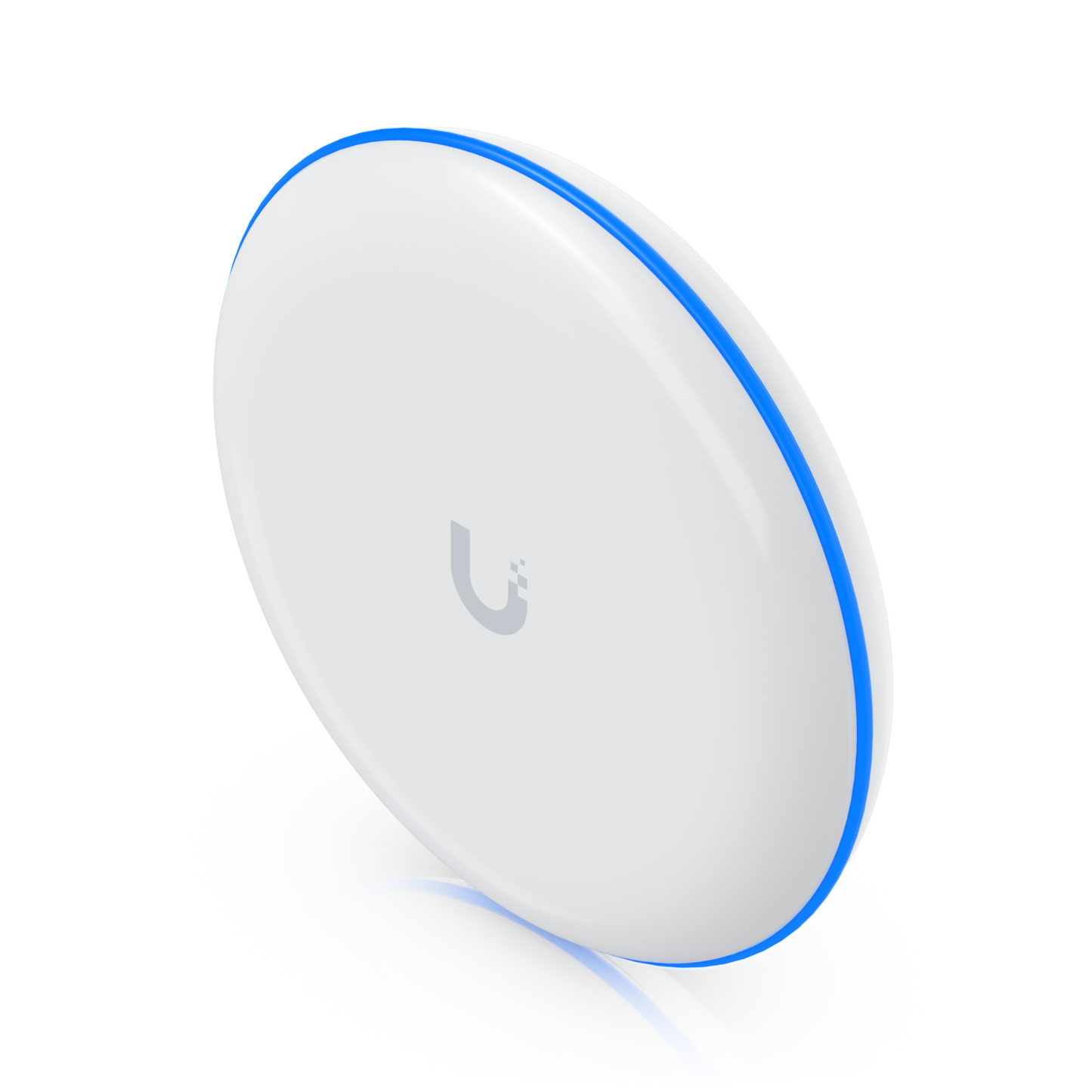 Three-quarter front view of Ubiquiti UBB UniFi Building Bridge with circular antenna and blue LED ring