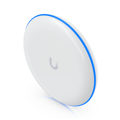 Three-quarter front view of Ubiquiti UBB UniFi Building Bridge with circular antenna and blue LED ring