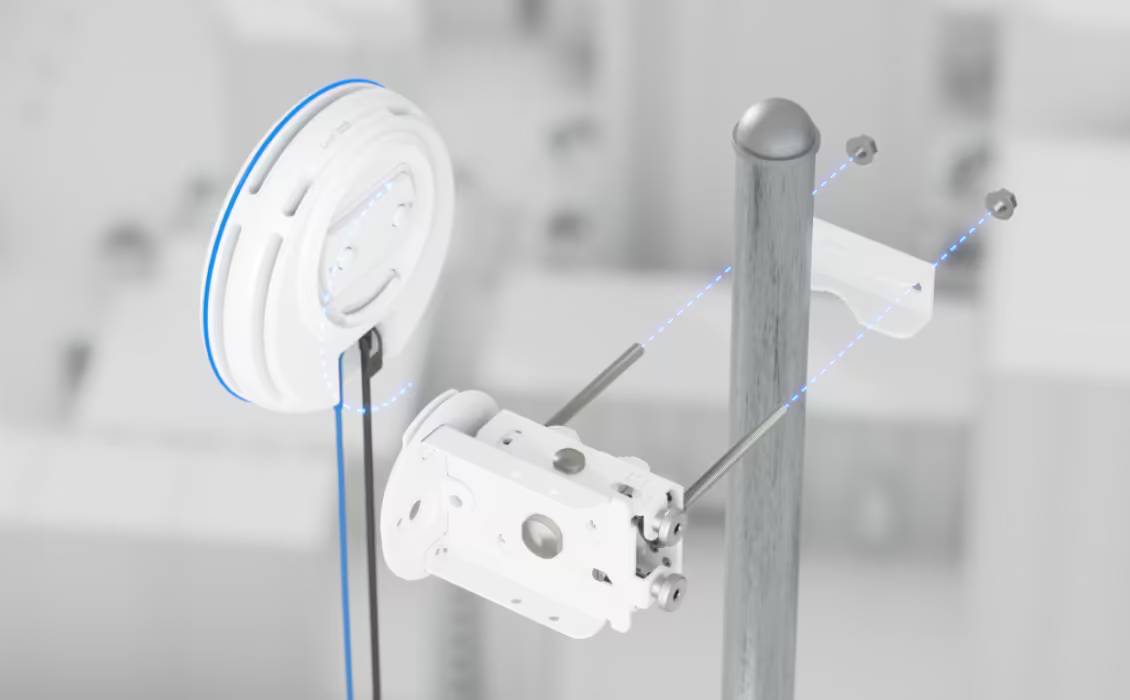 Ubiquiti UBB-XG UniFi Building Bridge XG installation diagram showing the precision pole-mount assembly and fasteners