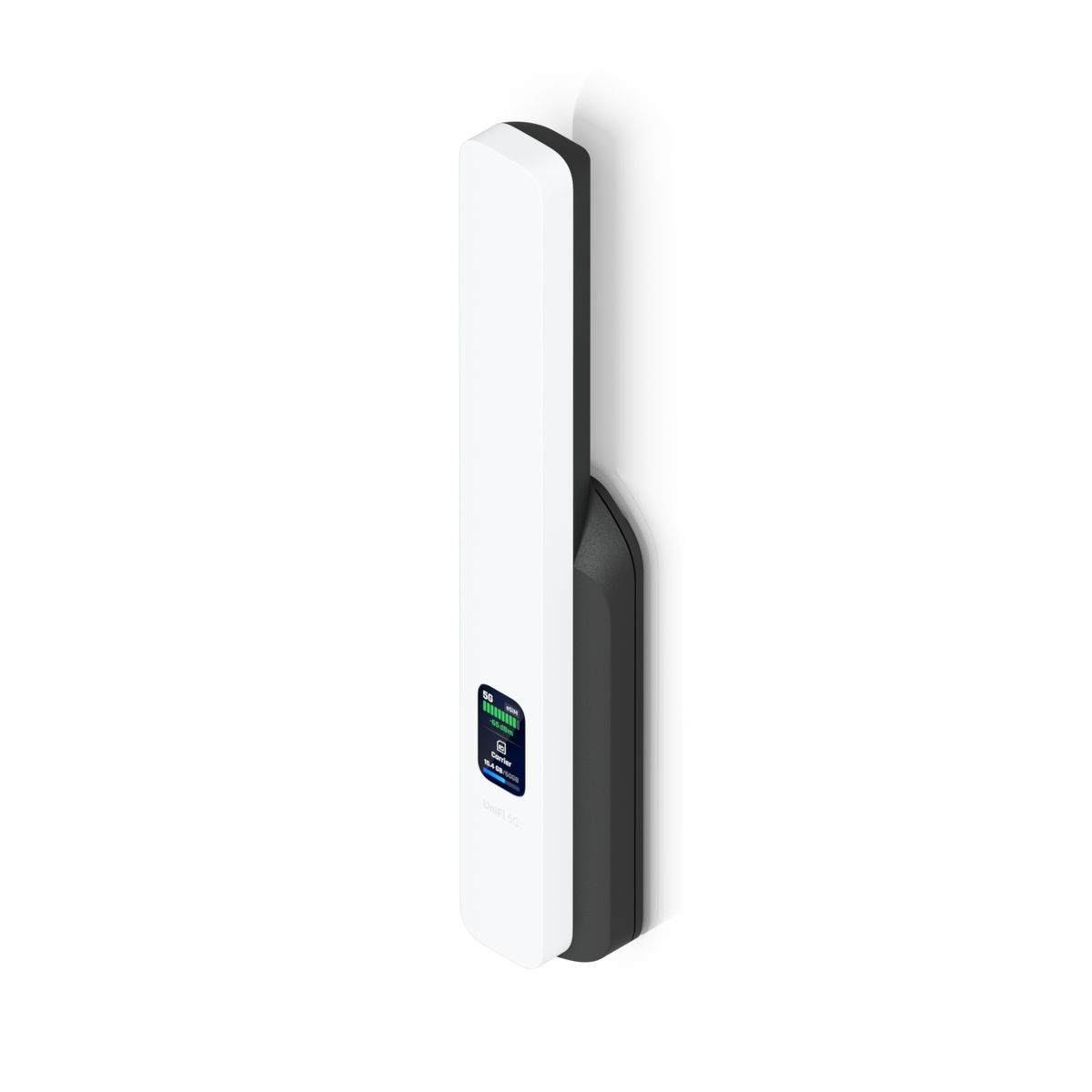 Ubiquiti U5G UniFi 5G Backup with rear mounting bracket attached, showing the white front panel and status display