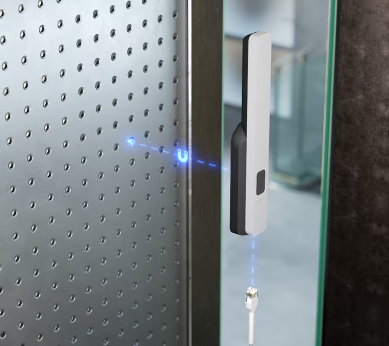 Ubiquiti U5G UniFi 5G Backup magnetic mounting diagram with a perforated metal panel and Ethernet cable