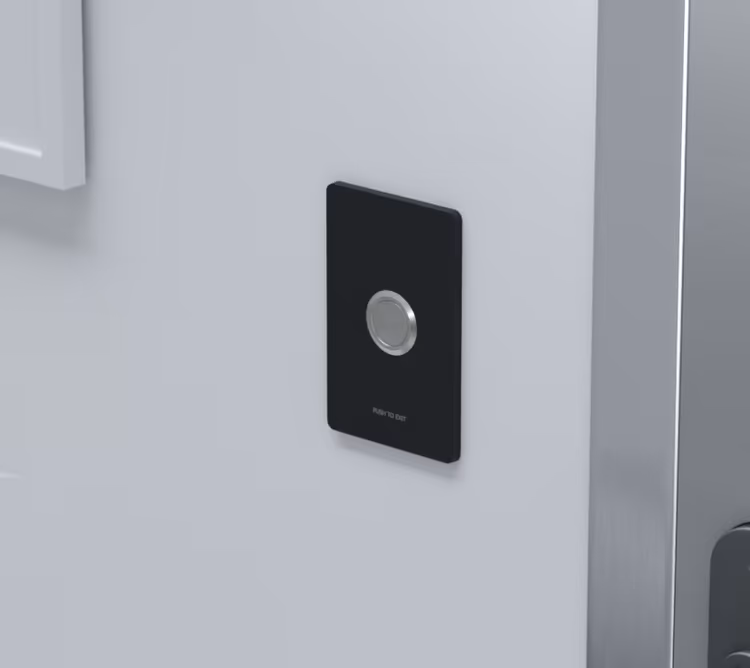 Black Ubiquiti UA-Button UniFi Access Button mounted beside a door with a silver push-to-exit button.
