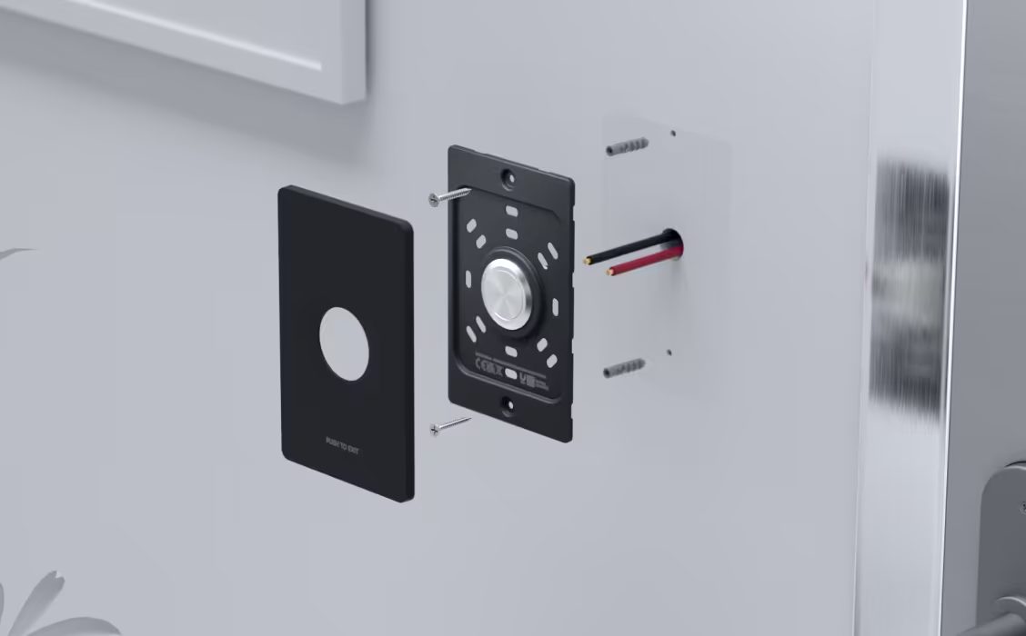 Exploded installation view of the black Ubiquiti UA-Button UniFi Access Button with wiring, screws and wall anchors.
