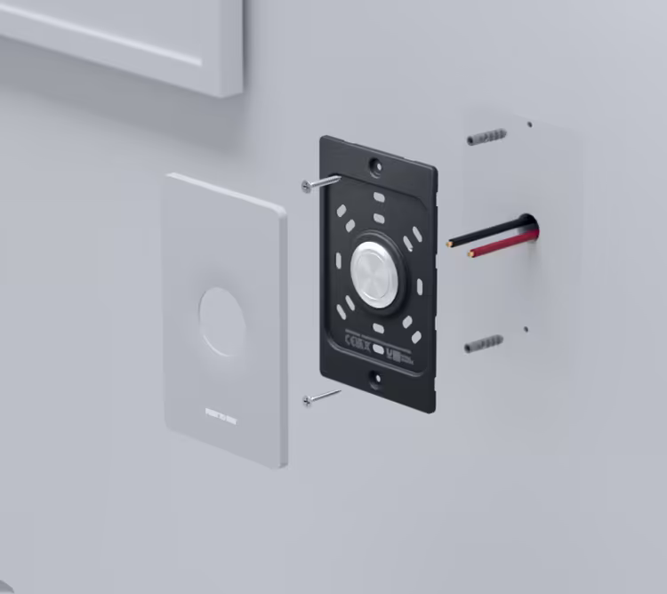 Exploded installation view of the white Ubiquiti UA-Button UniFi Access Button with wiring, screws and wall anchors.