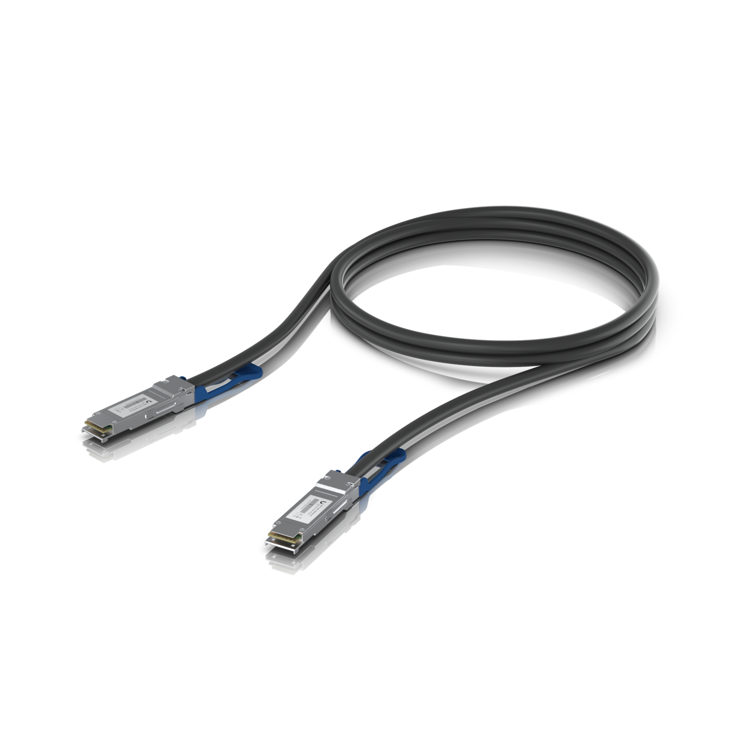 Ubiquiti UACC-DAC-QSFP28-1M UniFi 100G Direct Attach Cable shown in a three-quarter view with the outer housing visible.