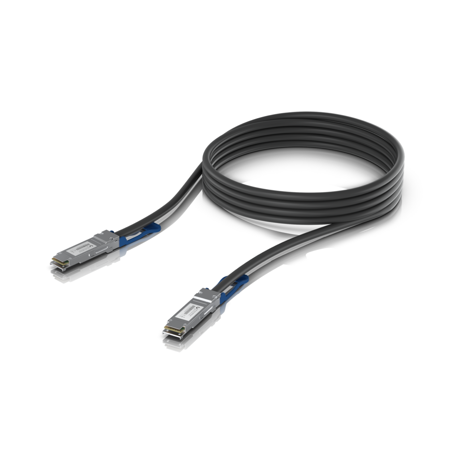 Outer housing of the Ubiquiti UACC-DAC-QSFP28-3M UniFi 100G Direct Attach Cable seen in a three-quarter view.