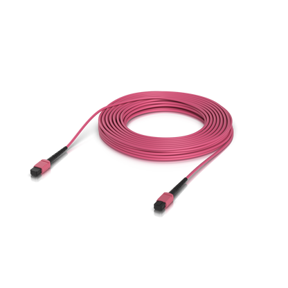Ubiquiti UACC-OFC-MA-MPMP-15M UniFi OM4 MPO-12 UPC Fiber Patch Cable shown in a back-panel view with visible ports and connection sockets.
