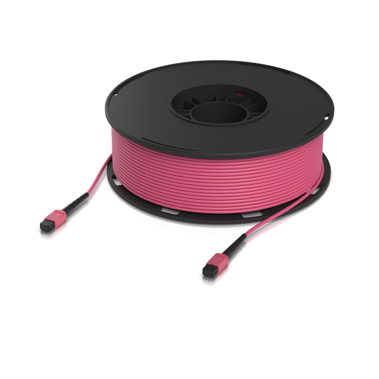 Front-facing view of the Ubiquiti UACC-OFC-MA-MPMP-100M UniFi OM4 MPO-12 UPC Fiber Patch Cable with the outer housing visible.