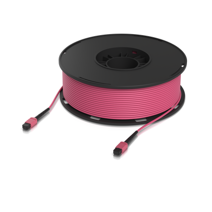 Front-facing view of the Ubiquiti UACC-OFC-MA-MPMP-100M UniFi OM4 MPO-12 UPC Fiber Patch Cable with the outer housing visible.