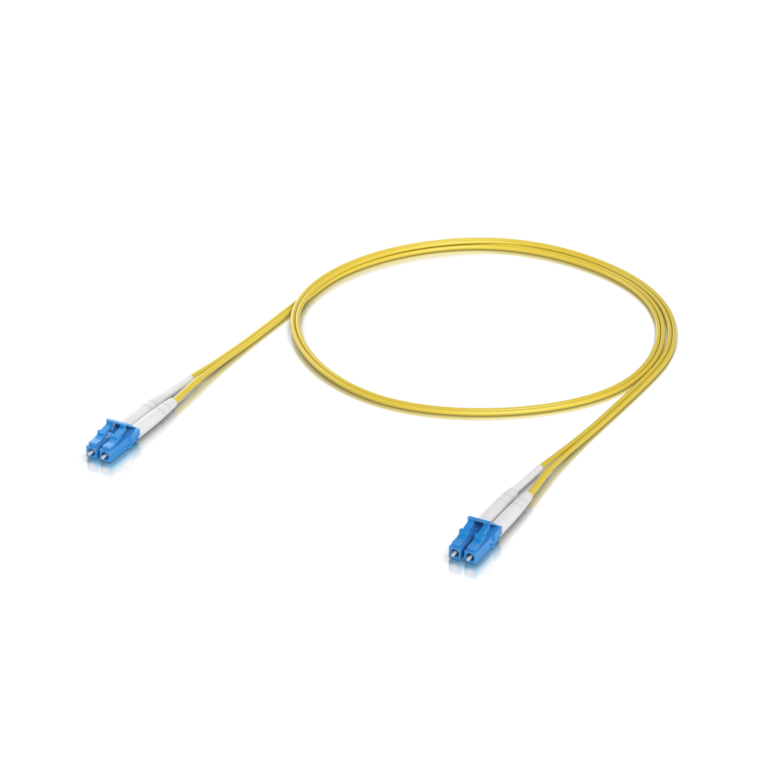 Ubiquiti UACC-OFC-S2-LULU-1M UniFi OS2 Duplex LC UPC Fiber Patch Cable shown in a rear view with visible ports and connection sockets.