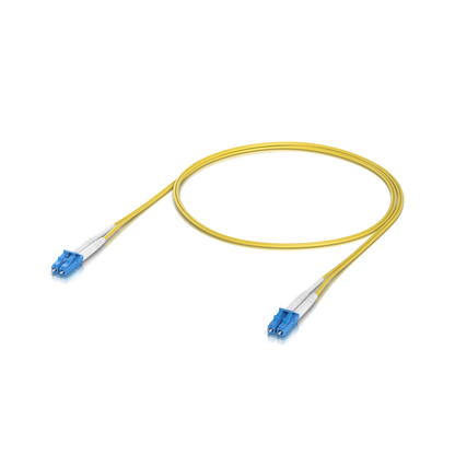 Ubiquiti UACC-OFC-S2-LULU-1M UniFi OS2 Duplex LC UPC Fiber Patch Cable shown in a rear view with visible ports and connection sockets.