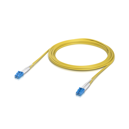 Ubiquiti UACC-OFC-S2-LULU-5M UniFi OS2 Duplex LC UPC Fiber Patch Cable viewed from the rear showing visible ports and connection sockets.