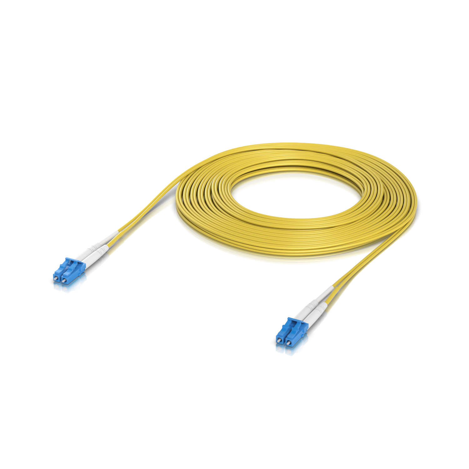 Angled product view of the Ubiquiti UACC-OFC-S2-LULU-10M UniFi OS2 Duplex LC UPC Fiber Patch Cable with the outer housing visible.