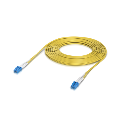 Angled product view of the Ubiquiti UACC-OFC-S2-LULU-10M UniFi OS2 Duplex LC UPC Fiber Patch Cable with the outer housing visible.