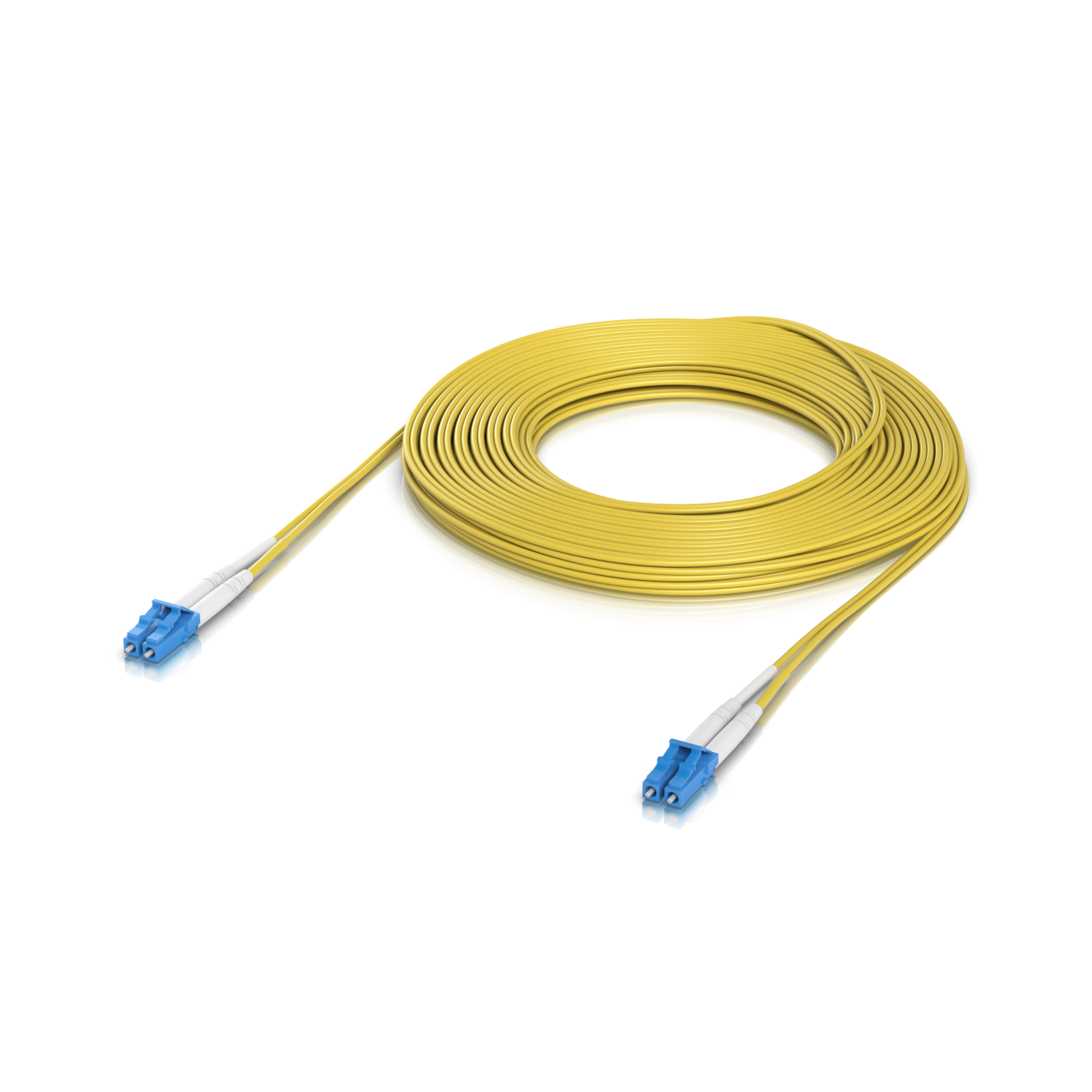 Ubiquiti UACC-OFC-S2-LULU-15M UniFi OS2 Duplex LC UPC Fiber Patch Cable shown in a back-panel view with visible ports and connection sockets.
