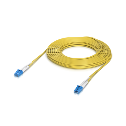 Ubiquiti UACC-OFC-S2-LULU-15M UniFi OS2 Duplex LC UPC Fiber Patch Cable shown in a back-panel view with visible ports and connection sockets.