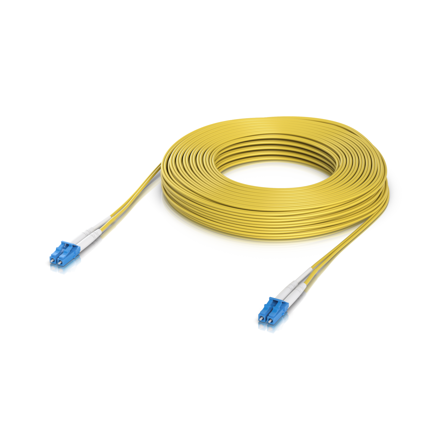Ports and connection sockets of the Ubiquiti UACC-OFC-S2-LULU-30M UniFi OS2 Duplex LC UPC Fiber Patch Cable seen in an angled view.