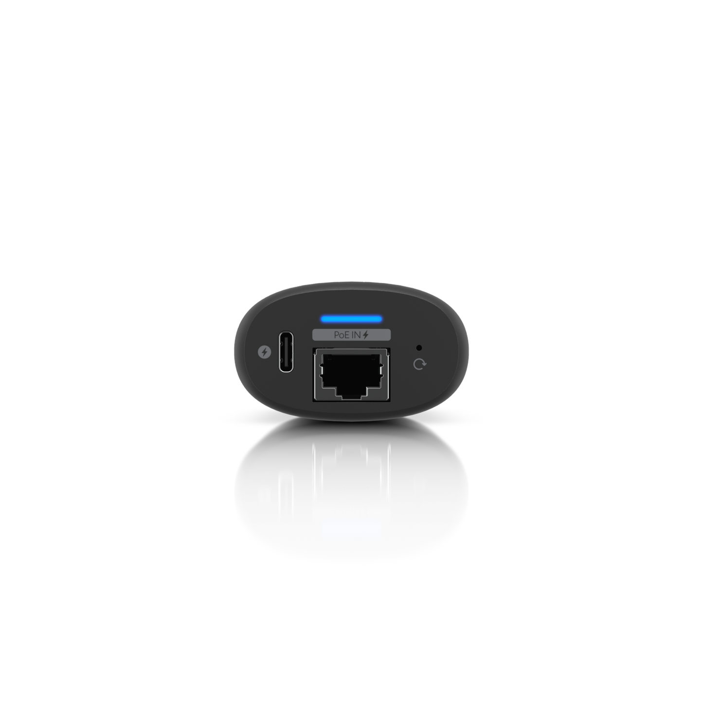 Top view of the Ubiquiti UC-Cast-Pro UniFi Display Cast Pro displaying the USB-C port, Ethernet port with PoE, and a reset button