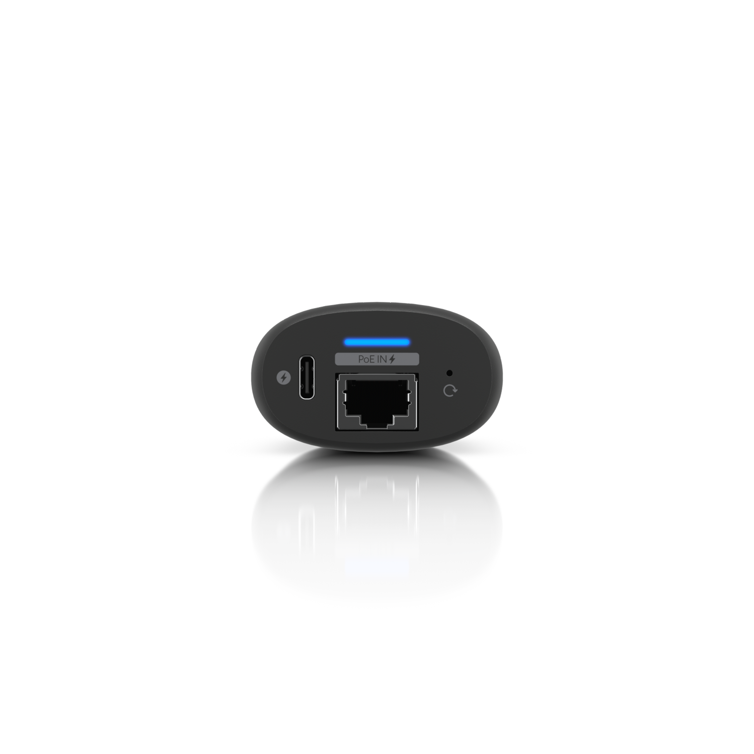 Top view of the Ubiquiti UC-Cast-Pro UniFi Display Cast Pro displaying the USB-C port, Ethernet port with PoE, and a reset button