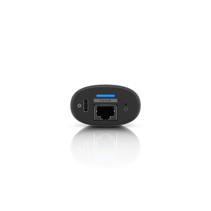 Top view of the Ubiquiti UC-Cast-Pro UniFi Display Cast Pro displaying the USB-C port, Ethernet port with PoE, and a reset button