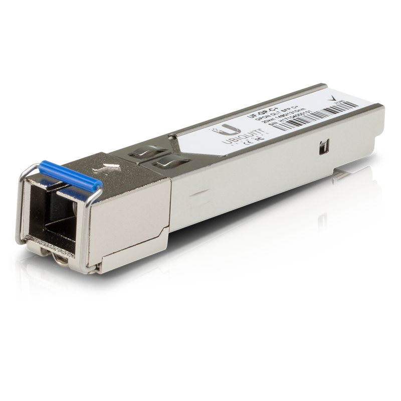 Ubiquiti UF-GP UISP GPON OLT SFP Modules UF-GP-C+ shown in a three-quarter view with the outer housing visible.