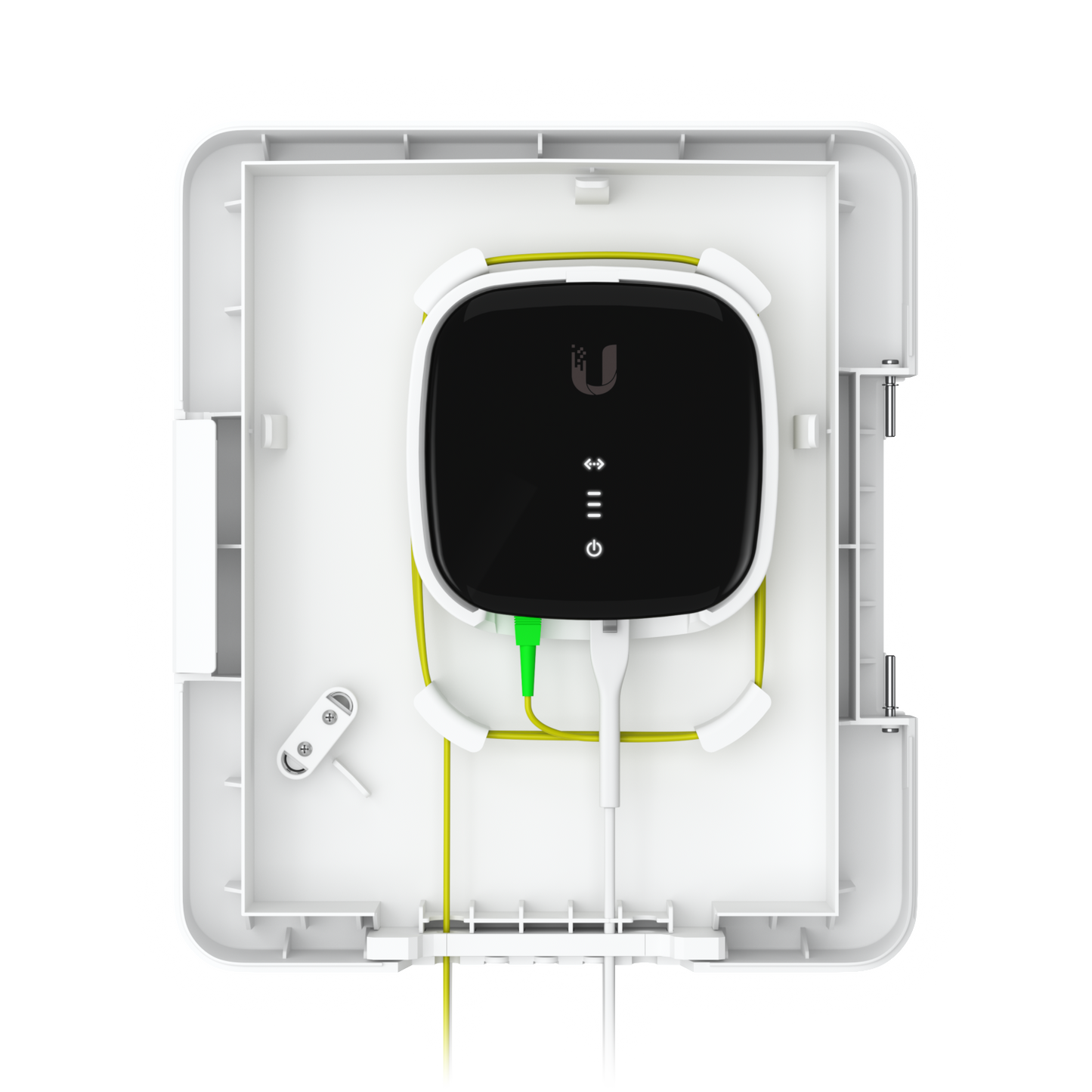 Open UISP Fiber Outdoor Terminal Box configured with a larger fibre device, optical cable guides and connection leads