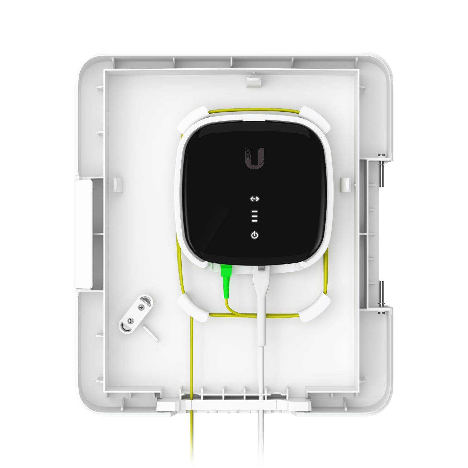 Open UISP Fiber Outdoor Terminal Box configured with a larger fibre device, optical cable guides and connection leads