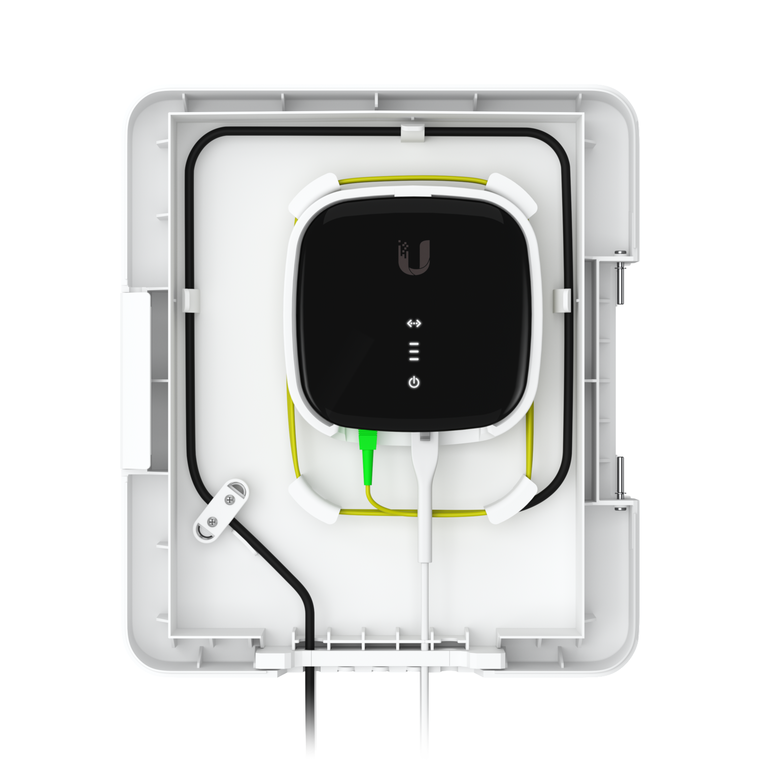 Ubiquiti UACC-UF-Terminal-Box open with fibre device, yellow optical cable and black cable routed around the enclosure