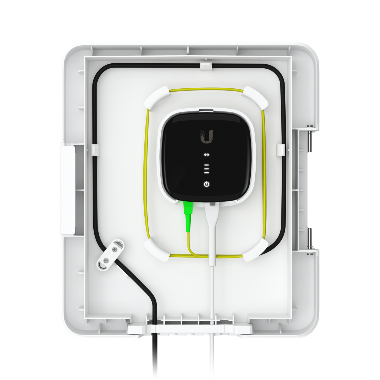 Open Ubiquiti UISP Fiber Outdoor Terminal Box with fibre device and neatly organised power and optical cabling