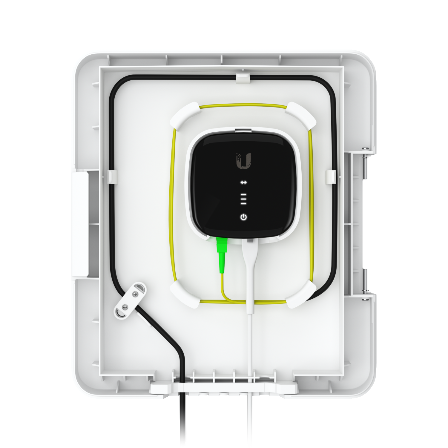 Open Ubiquiti UISP Fiber Outdoor Terminal Box with fibre device and neatly organised power and optical cabling