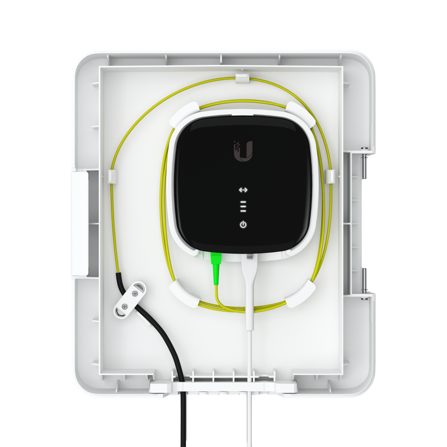 Ubiquiti UACC-UF-Terminal-Box interior with larger fibre device, coiled optical cable, cable clamp and routing guides