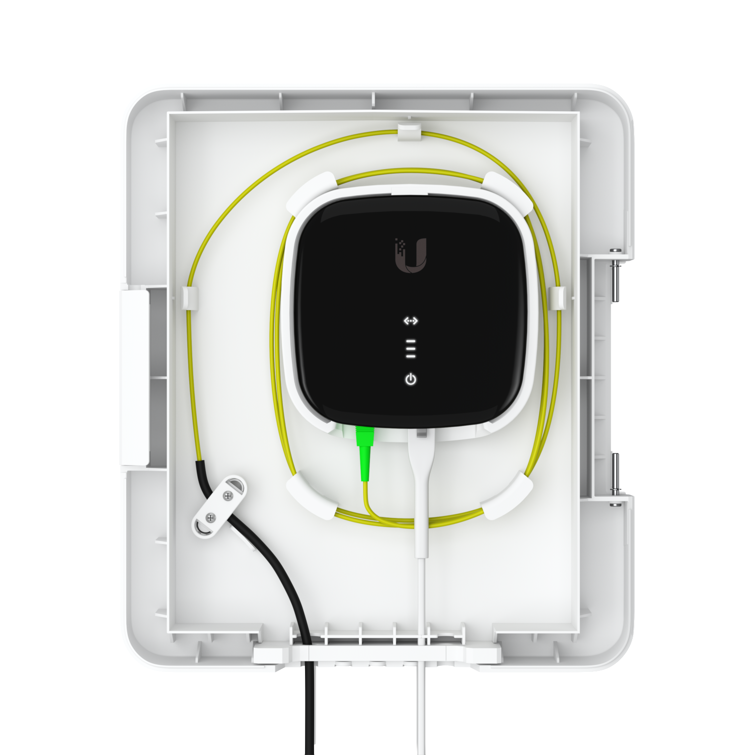 Ubiquiti UACC-UF-Terminal-Box interior with larger fibre device, coiled optical cable, cable clamp and routing guides