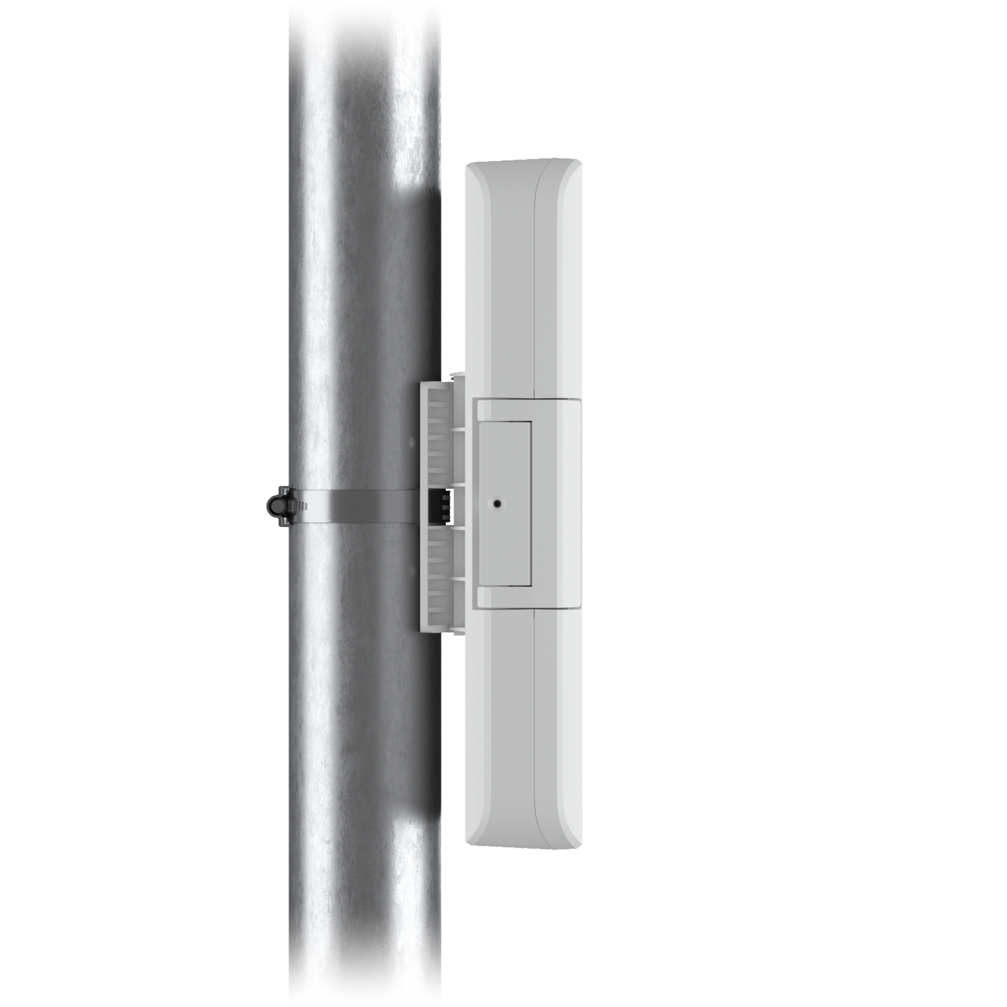 Side view of the UISP Fiber Outdoor Terminal Box secured to a pole with its mounting bracket and metal clamp
